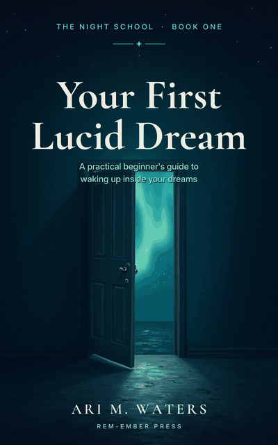 Cover of Your First Lucid Dream: a door ajar leaking light under a night sky
